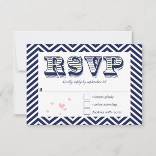 Navy Blue Chevron Retro Typography Wedding RSVP Card