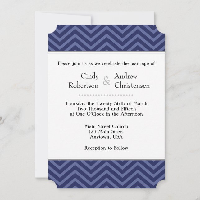 Navy Blue Chevron Wedding Invitations (Front)