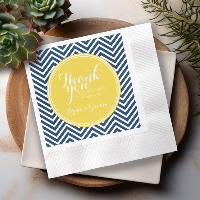 Navy Blue Chevrons with Custom Yellow Monogram Napkin (Personalized Wedding Thank You Napkins)