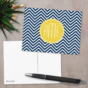 Navy Blue Chevrons with Custom Yellow Monogram Postcard