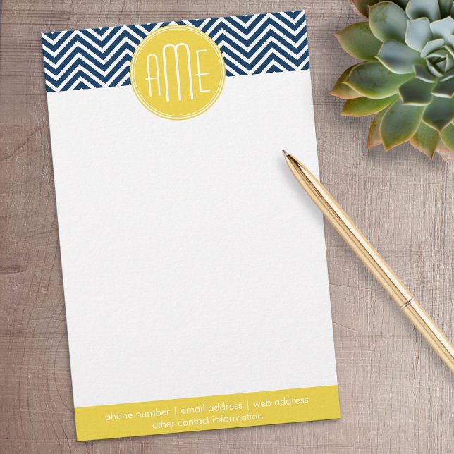 Navy Blue Chevrons with Custom Yellow Monogram Stationery (Personalized Stationery)