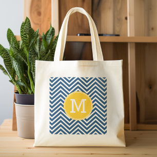 Navy Blue Chevrons with Custom Yellow Monogram Tote Bag
