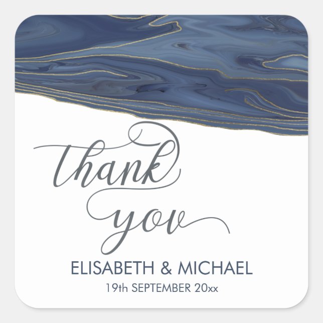 Navy blue chic agate romantic elegant thank you square sticker (Front)