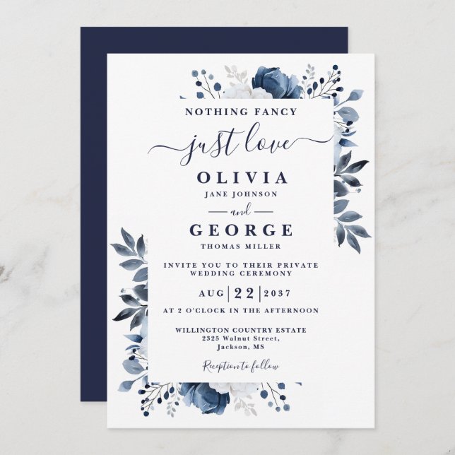 Navy Blue Chic Floral Intimate Private Wedding Invitation (Front/Back)