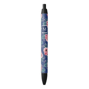 Navy Blue   Chic Watercolour Floral Monogram Black Ink Pen