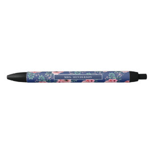 Navy Blue   Chic Watercolour Floral Personalised Black Ink Pen