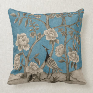 Navy Blue Chinoiserie Bird and Peonies Floral Cushion