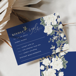 Navy Blue Chinoiserie Bird Peony Wedding RSVP Card