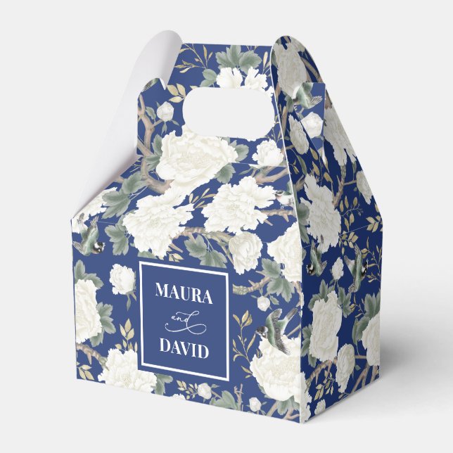 Navy Blue Chinoiserie Birds Flowers Wedding Favour Box (Front Side)