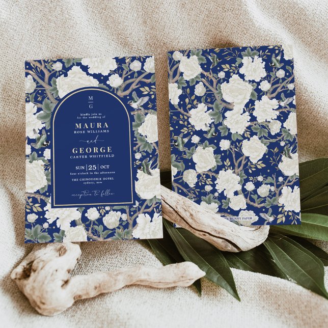 Navy Blue Chinoiserie Floral Garden Wedding Invitation (Creator Uploaded)
