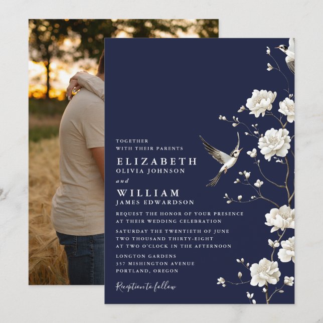Navy Blue Chinoiserie Floral Garden Wedding Photo Invitation (Front/Back)