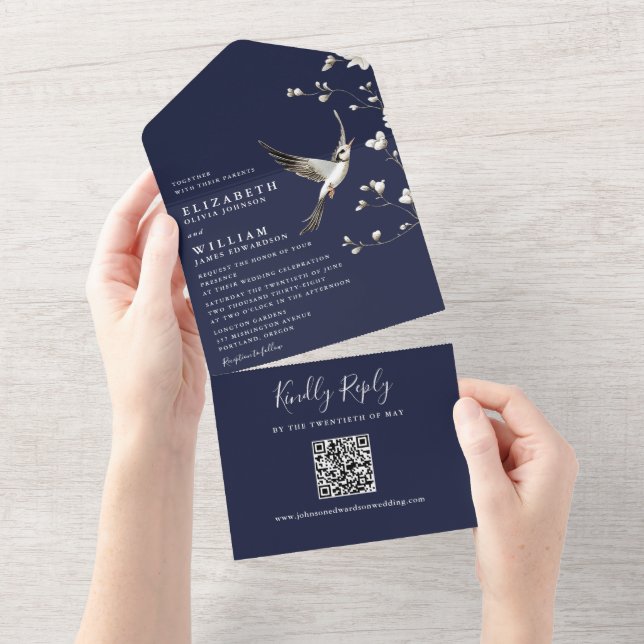 Navy Blue Chinoiserie Floral QR Code Wedding All In One Invitation (Tearaway)