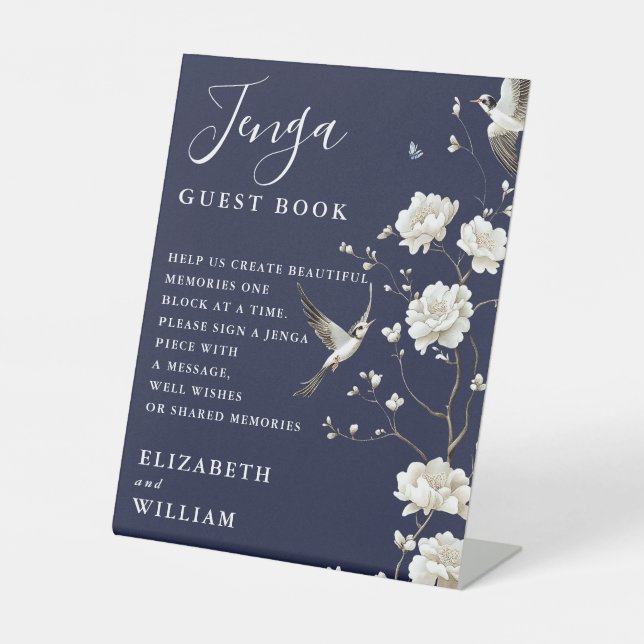 Navy Blue Chinoiserie Jenga Guest Book Wedding Pedestal Sign (Front)