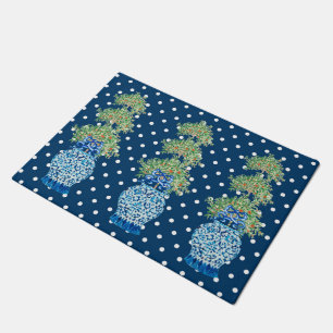 Navy Blue Chinoiserie Orange Topiary Doormat