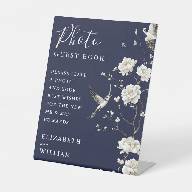 Navy Blue Chinoiserie Photo Guest Book Wedding Pedestal Sign (Front)