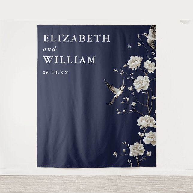 Navy Blue Chinoiserie Wedding Photo Backdrop Tapestry (Front)