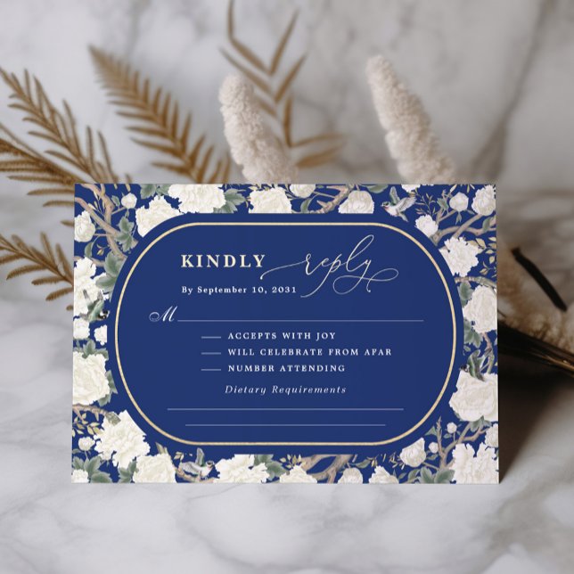 Navy Blue Chinoiserie White Flowers Wedding RSVP Card (Creator Uploaded)