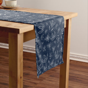 Navy Blue Christmas Bells and Leaves Pattern Short Table Runner