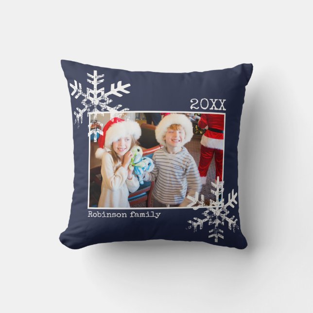 Navy Blue Christmas Photo Distressed Snowflakes Cushion (Front)