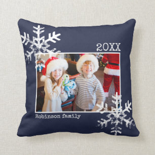 Navy Blue Christmas Photo Distressed Snowflakes Cushion