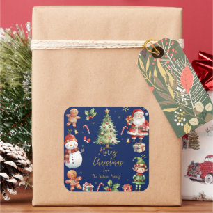 Navy Blue Christmas Santa Elf Snowman Gingerbread  Square Sticker