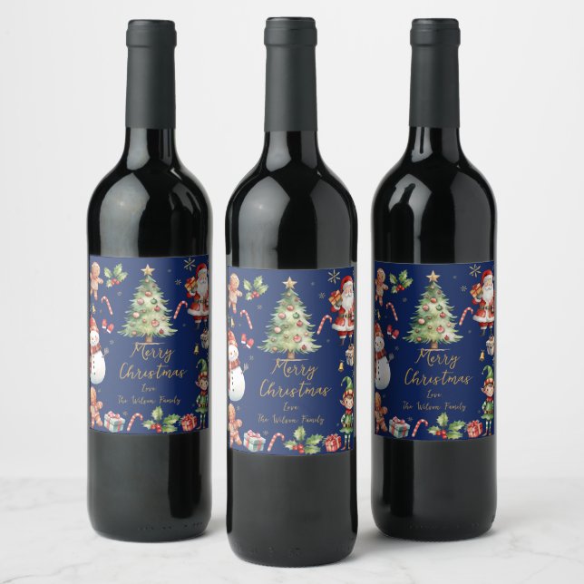 Navy Blue Christmas Santa Elf Snowman Gingerbread  Wine Label (Bottles)