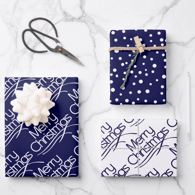 Navy blue Christmas typography and dots holiday Wr Wrapping Paper Sheet (Front)