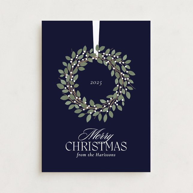 Navy Blue Christmas Wreath Holiday Card (Creator Uploaded)