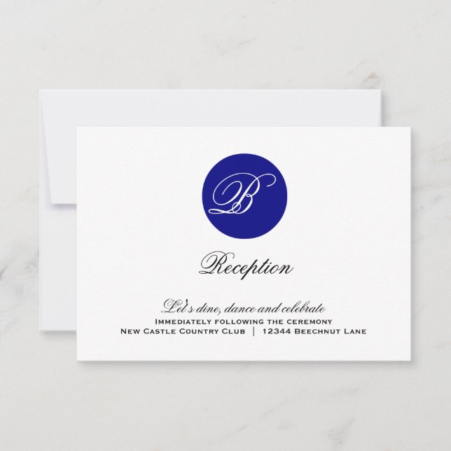 Navy Blue Circle Monogram Wedding Reception Card (Front)