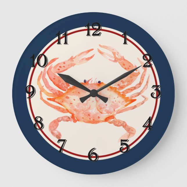 Navy Blue Circle Red Crab  Large Clock (Front)