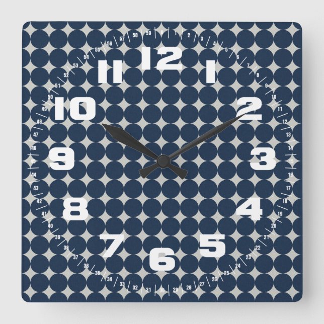 Navy Blue Circles and Silver Diamonds Pattern Gift Square Wall Clock (Front)