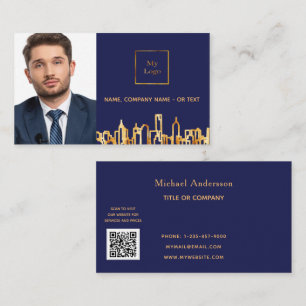 Navy blue city skyline real estate logo photo QR Business Card