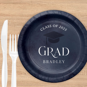 Navy Blue Class of 2025 Modern Graduation Party Paper Plate