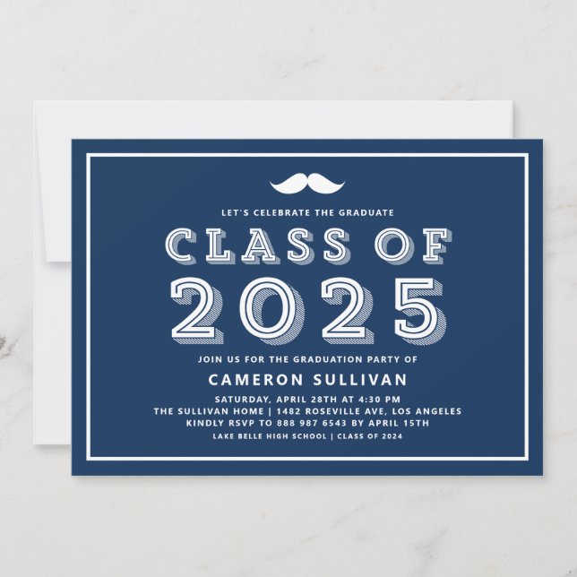 Navy Blue Class of 2025 Moustache Retro Graduation Invitation (Front)