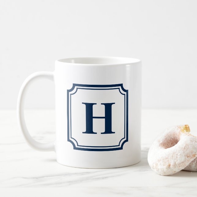 Navy Blue Classic Borders Personalised Monogram Coffee Mug (With Donut)