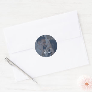 Navy Blue Classic Calligraphy Monogram Photo Round Sticker