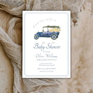 Navy Blue Classic Car Flower Vehicle Baby Shower  Invitation
