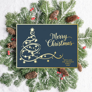 Navy Blue Classic Christmas Card Gold Tree & Photo