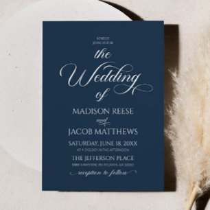 Navy Blue Classic Elegant Minimalist Wedding Invitation