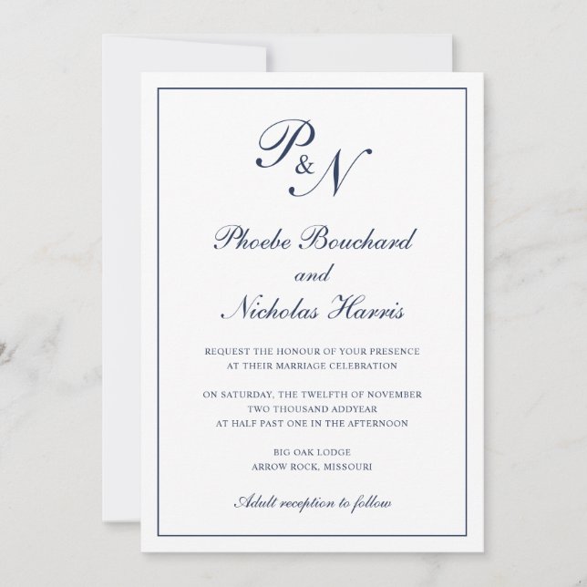 Navy Blue Classic Elegant Wedding Invitation (Front)