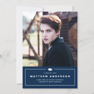 Navy Blue Classic Graduation Cap Photo Graduation Announcement