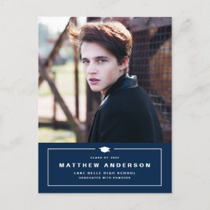 Navy Blue Classic Graduation Cap Photo Graduation Announcement Postcard