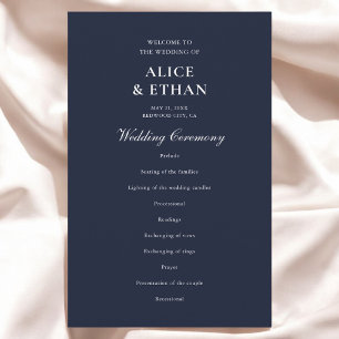 Navy Blue Classic Minimalist Wedding Program