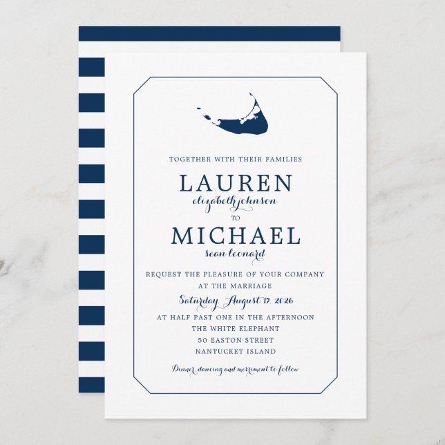 Navy Blue Classic Nantucket Island Map Wedding Invitation (Front/Back)
