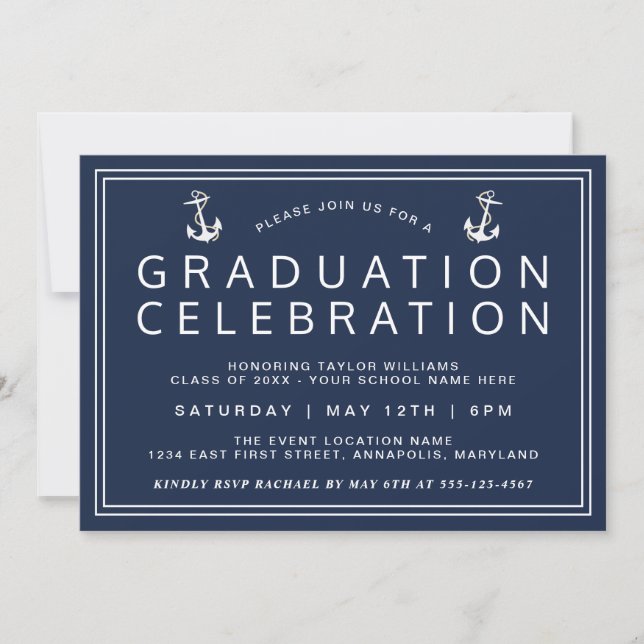 Navy Blue Classic Nautical Graduation Invitation (Front)