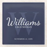 Navy Blue Classic Script Personalised Groomsmen Glass Coaster<br><div class="desc">Add a personal touch to your wedding with personalised groomsmen glass coaster. This coaster features personalised groomsman's name in white classic script font style with wedding details in white classic serif font style and monogram in light navy blue classic serif font style as background, on navy blue background. Also perfect...</div>
