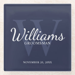 Navy Blue Classic Script Personalised Groomsmen Glass Coaster