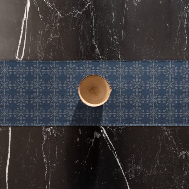 Navy Blue Classic Silver Snowflakes Elegant Custom Short Table Runner (Navy blue patterned silver table runner)