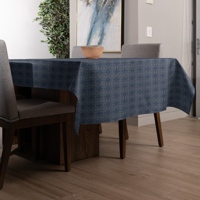 Navy Blue Classic Silver Snowflakes Elegant Custom Tablecloth (Navy blue and silver snowflake pattern tablecloth)