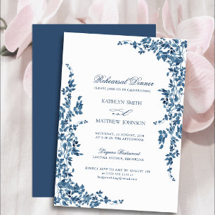 Navy Blue Classic Vintage Floral Rehearsal Dinner Invitation